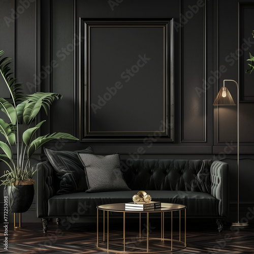 Mockup frame in black living room interior with retro decor, 3d render