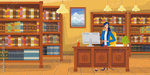 Cheerful employee talking on phone at workplace. Library, worker, computer, telephone vector illustration. Publishing house, communication concept