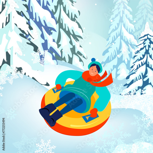 Excited girl sledging downhill. Young woman riding on snow tube flat vector illustration. Holiday, outdoor activity, winter vacation concept
