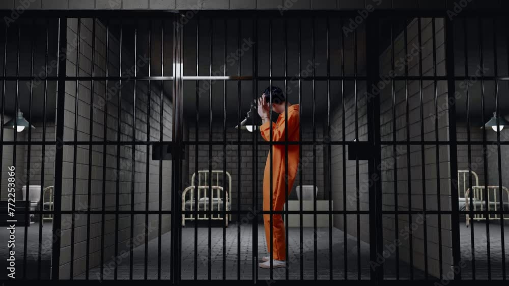 Full Body Side View Of Asian Male Prisoner In Handcuffs Standing In Prison, Showing Palm Sign The Expression Of Not Being Wanted To Be Captured By Camera Full Body Side View Of Asian Male Prisoner In Handcuffs Standing In Prison, Showing Palm Sign The Expression Of Not Being Wanted To Be Captured By Camera