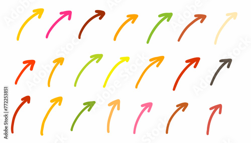 Doodle arrows pointers icons collection in hand drawn simple flat trendy scribble style in different colors. Vector infographic illustration isolated set on white background.