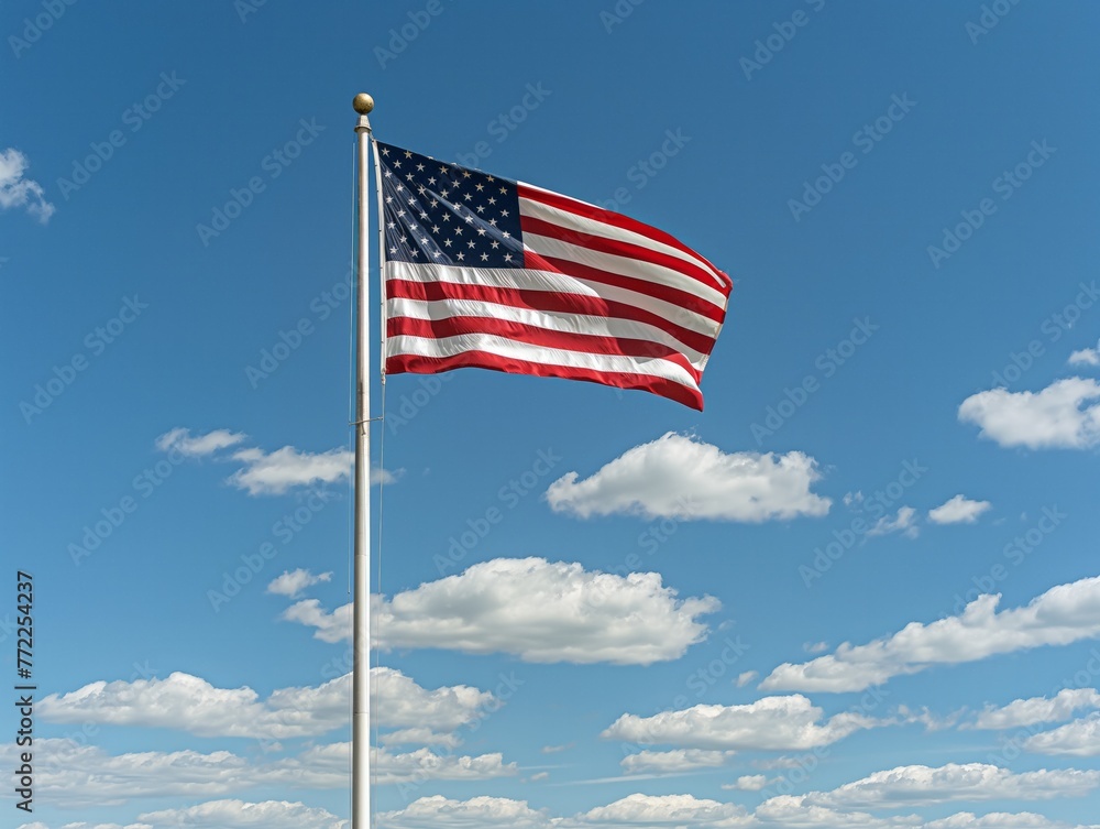 A large American flag is flying high in the sky. The flag is blue and white with stars and stripes. The sky is clear and blue, with a few clouds scattered throughout