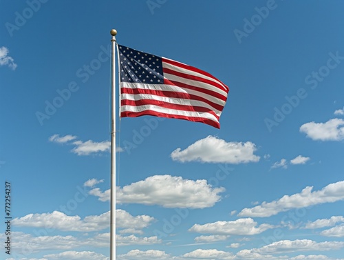 A large American flag is flying high in the sky. The flag is blue and white with stars and stripes. The sky is clear and blue, with a few clouds scattered throughout
