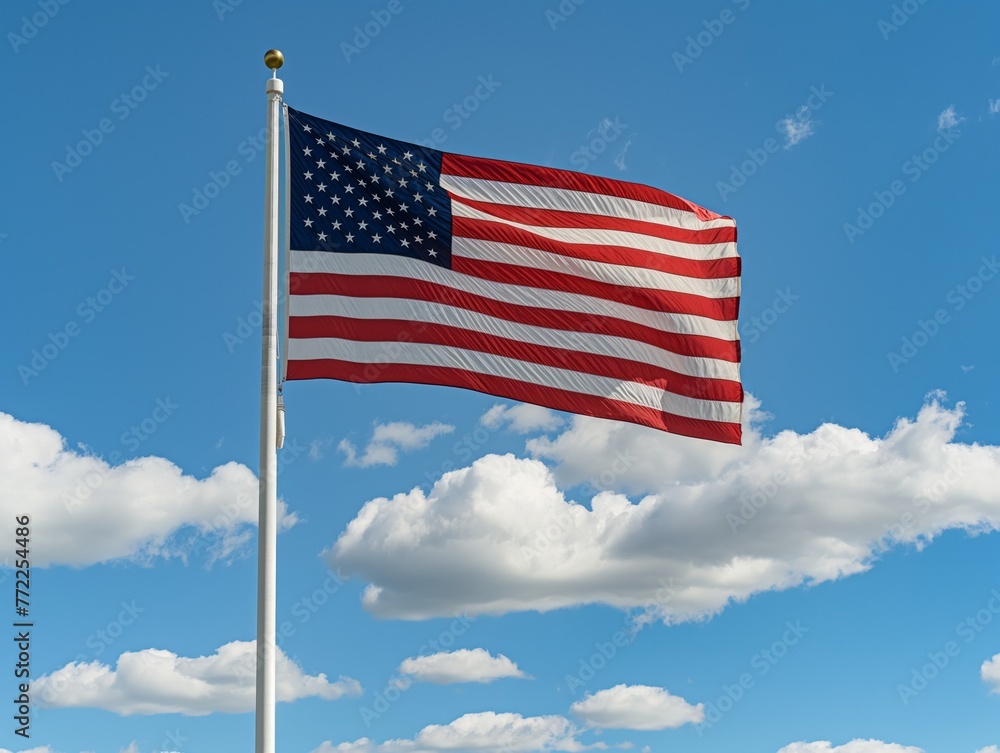A large American flag is flying in the sky. The flag is red, white, and blue and is attached to a pole. The sky is clear and blue, with a few clouds scattered throughout
