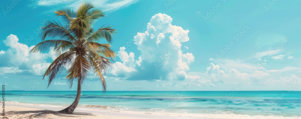 Vibrant image capturing a single, lush coconut palm tree against a clear blue sky with fluffy white clouds on a sunny day