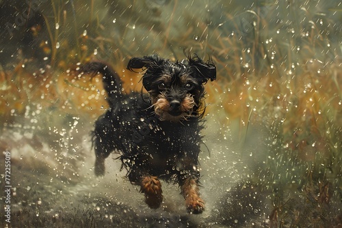 A cute brown and black dachshund puppy, a sadly small dog, is looking at the camera while standing in the rain photo