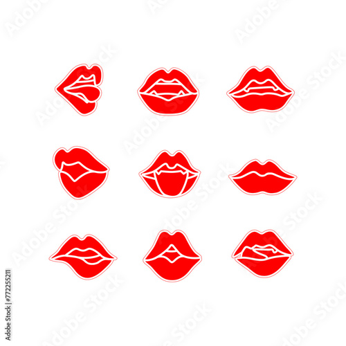 Red lips icons set. Woman mouth. Print for clothes and logo design, small tattoo, emblem, face car, logo design. Black and white isolated vector illustration. (ID: 772255211)