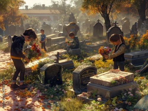 A group of children are at a cemetery, tending to flowers at the graves of their loved ones