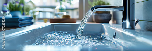 Water Flowing from a Modern Faucet into a Sink, Symbolizing Cleanliness, Freshness, and Modern Home Design