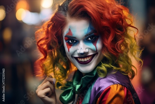A woman in a clown costume stands against a blurred background.