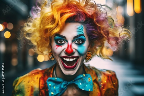 A woman in a clown costume stands against a blurred background.