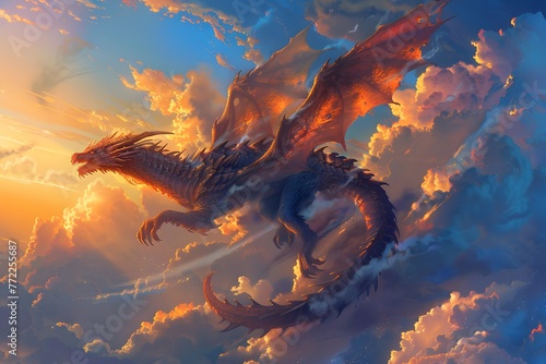 Dragon flying in the sunset sky  surrounded by cloud in a beautiful view illustration