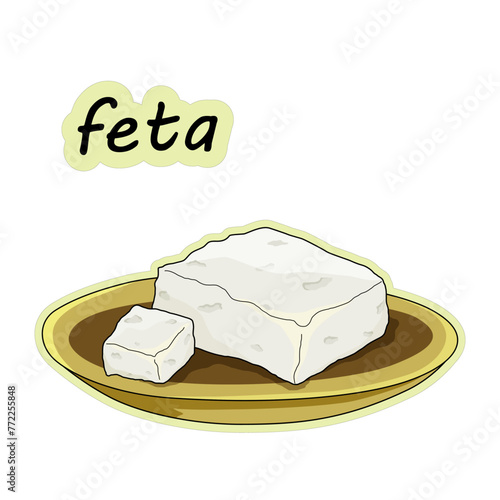 Feta cheese on a plate. Sticker of feta cheese on a plate, hand drawn, vector illustration in doodle style.