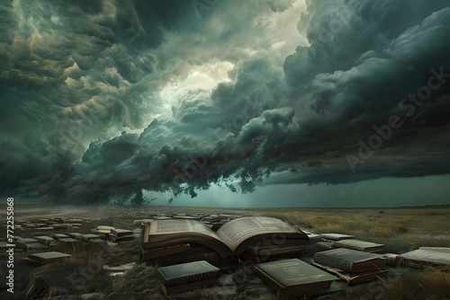A stormy night over the sea with dark, abstract clouds with floating books or knowledge over the sea