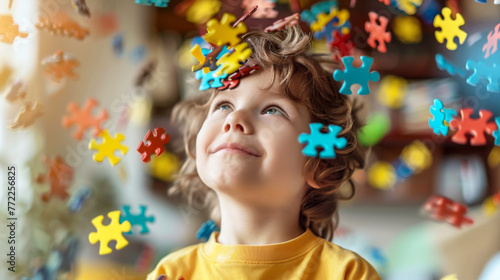 portrait of a laughing child face and multicolored color puzzle 