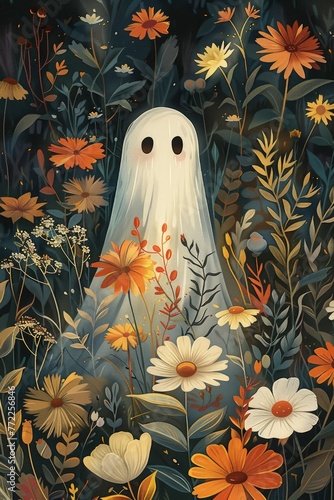 Boho Aesthetic print of a Cute Retro Floral adorable Ghost light, illustration made with generative AI