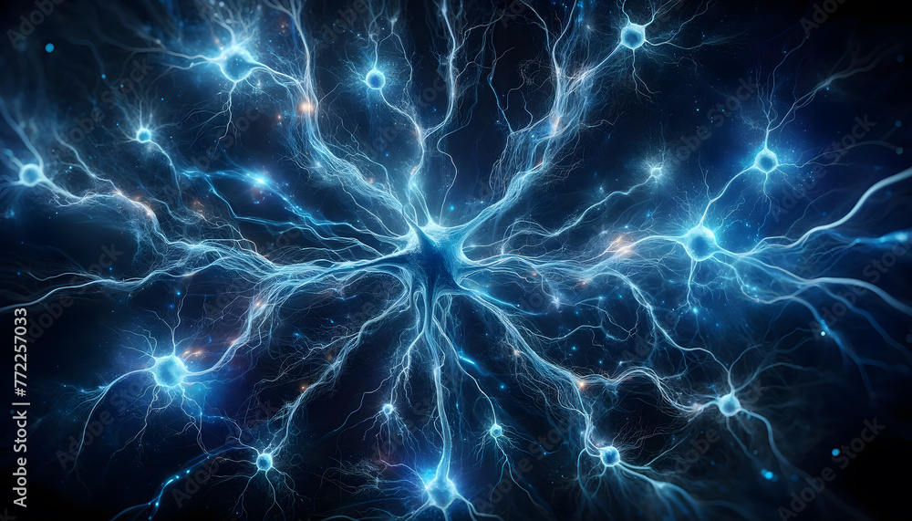 Electric blue neurons connecting in a web of intelligence and consciousness