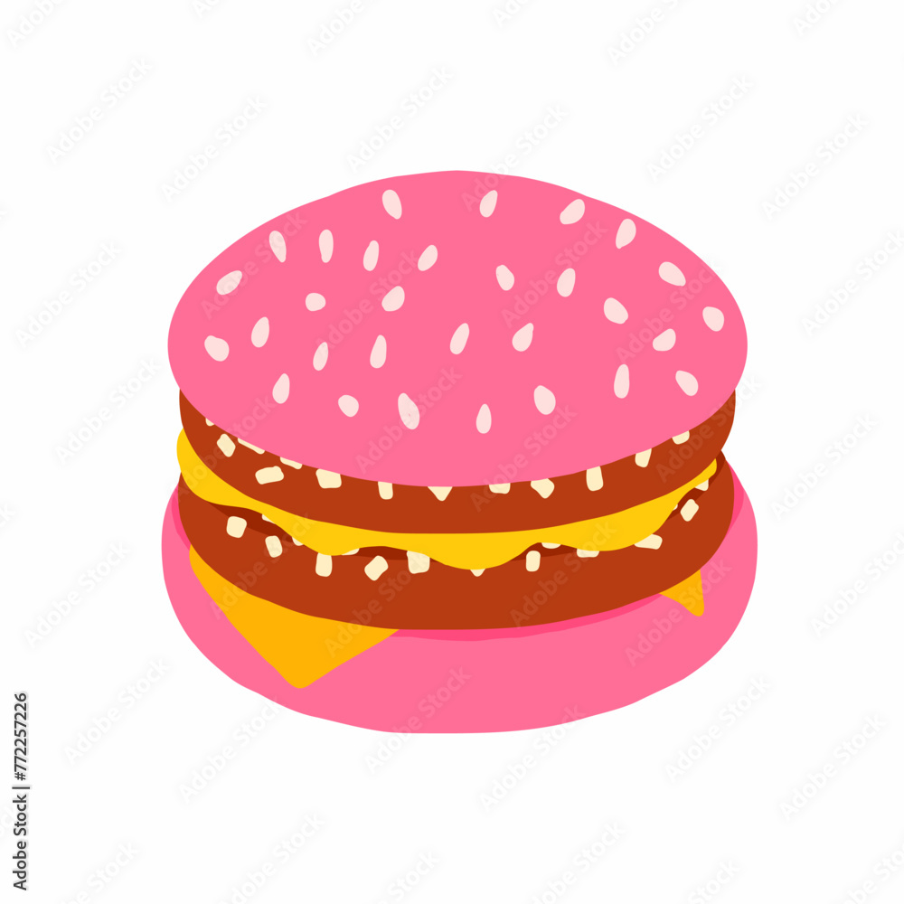 Big burger with pink bun double cutlets and double cheese, cut onion and sliced lettuce leaf. Icon in cartoon flat style. Vector icon isolated on white background. For menu, poster, restaurant. Big burger with pink bun double cutlets and double cheese, cut onion and sliced lettuce leaf. Icon in cartoon flat style. Vector icon isolated on white background. For menu, poster, restaurant.