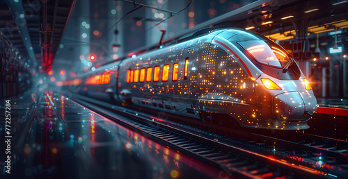 AI transportation, a train in the train station, self driving, beautiful colors