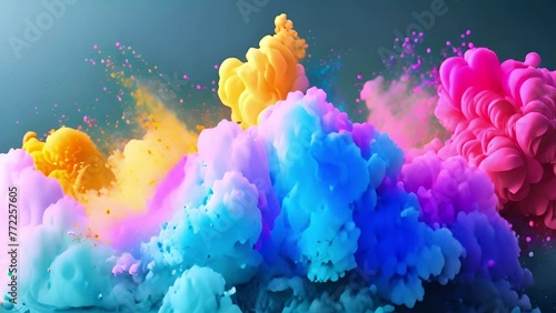Various pastel colors powder explosion. Pink,blue,purple green colored powder exploding towards camera in close up and super slow-motion, Light pastel background changing colors effect 4k video beauty photo