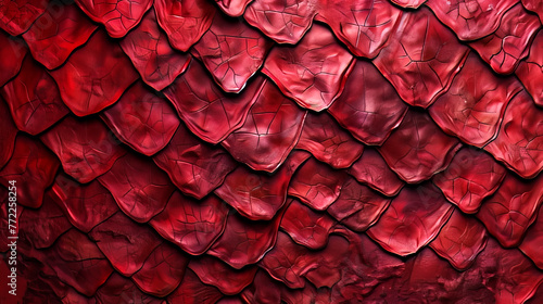 Closeup of red dragon scales skin texture abstract background. Cool abstract pattern banner design for decoration photo