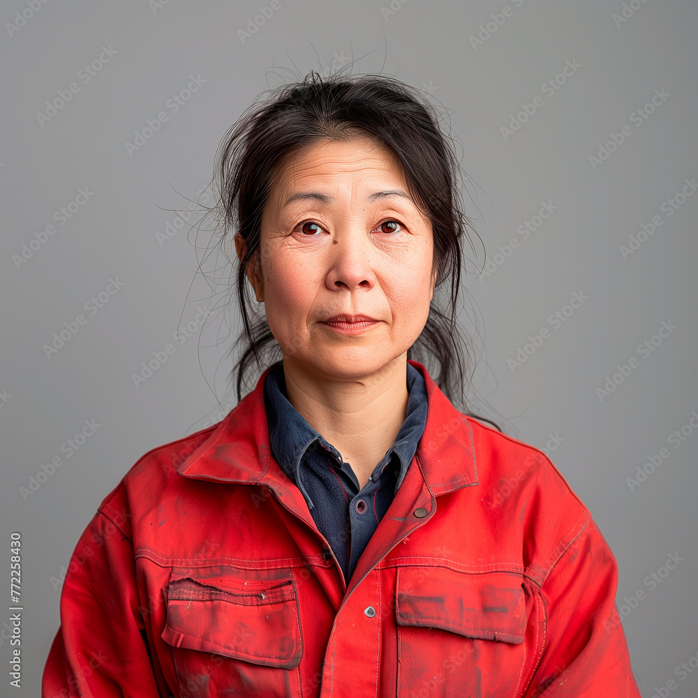 Confident Asian Female Welder Portrait on Grey Studio Background Confident Asian Female Welder Portrait on Grey Studio Background