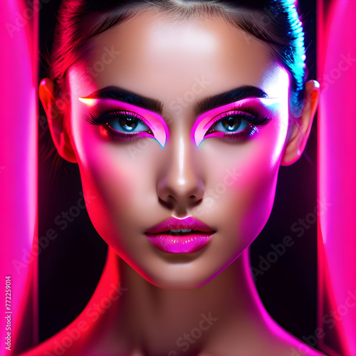 Pink Neon Glow: Stunning Female Models Illuminated in Vibrant Lights(Generative AI) © BaeDonBo