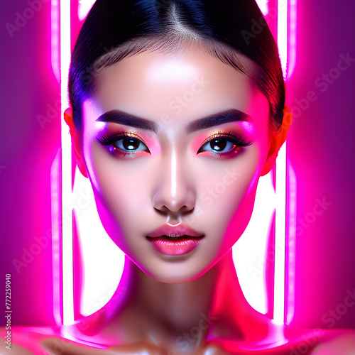 Pink Neon Glow: Stunning Female Models Illuminated in Vibrant Lights(Generative AI)