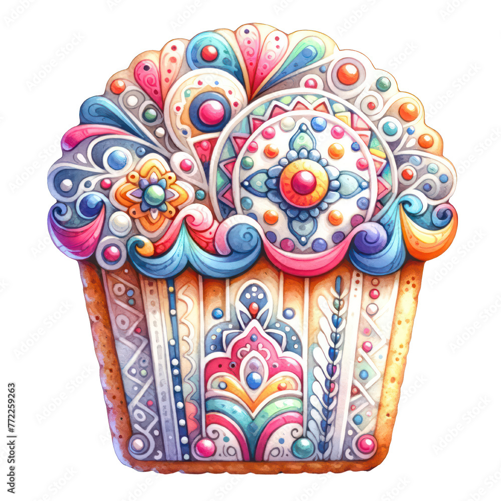 A colorful cupcake with a lot of decorations on it. The cupcake is decorated with a lot of different colors and patterns, making it look very artistic and unique. The decorations include beads