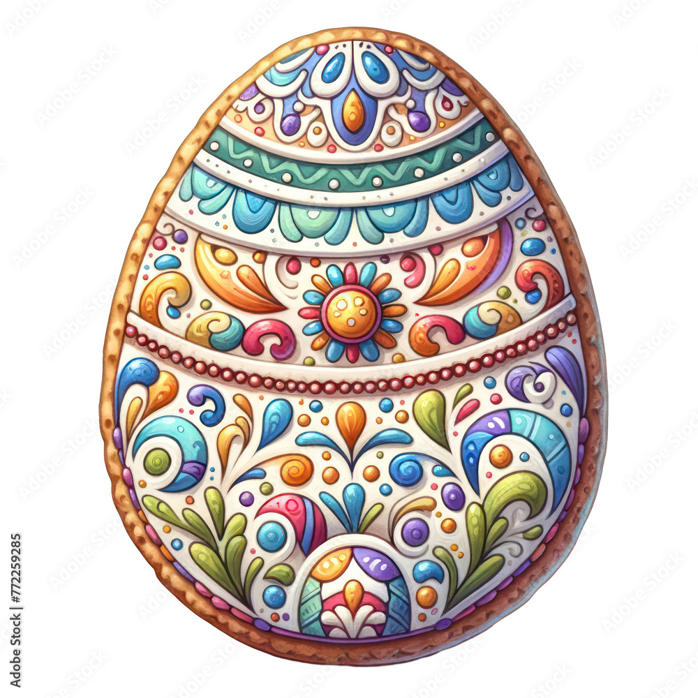A colorful egg with a flower design on it. The egg is decorated with a variety of colors and patterns, making it look like a piece of art. The egg is placed on a white background