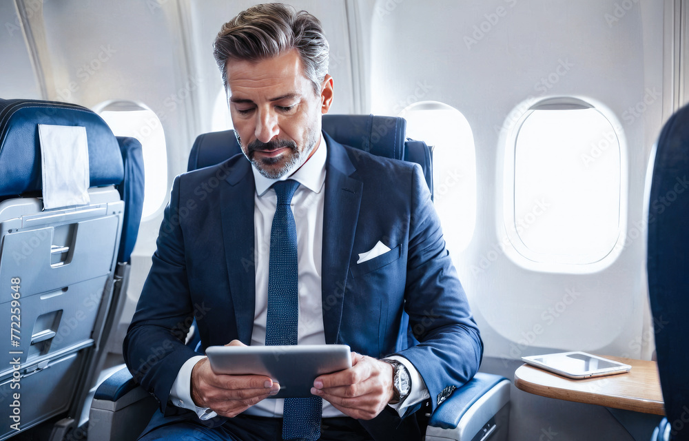 Man in private jet airplane. handsome businessman in suit looking into tablet in private plane Man in private jet airplane. handsome businessman in suit looking into tablet in private plane