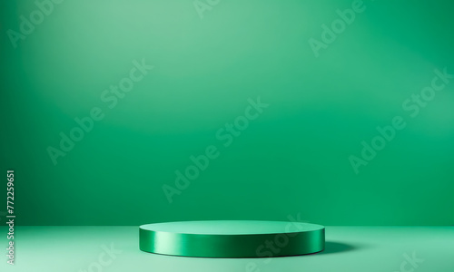 product podium 3d. Empty podium or pedestal display on green background with cylinder stand. Blank product shelf standing backdrop. 3D rendering.