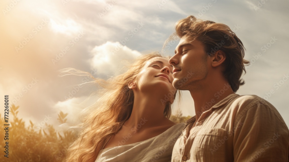 Low angle close up portrait of young caucasian couple in love relaxing outdoors in fresh air, enjoying date on summer day. Love, relationship, feeling concept. Low angle close up portrait of young caucasian couple in love relaxing outdoors in fresh air, enjoying date on summer day. Love, relationship, feeling concept.