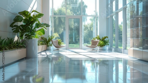 An office environment with large windows letting in plenty of natural light. The space looks modern and inviting, with plants adding a fresh, green touch to the surroundings. Generative AI. © visoot