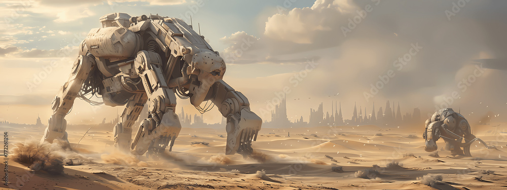 Obraz premium Mechanical Mirage: Giants of the Dunes