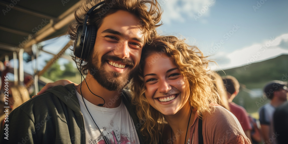 Harmony found in sunrise. A happy, smiling young couple in love stands side by side at a rock or electronic music festival in the early morning light, radiating joy and connection Harmony found in sunrise. A happy, smiling young couple in love stands side by side at a rock or electronic music festival in the early morning light, radiating joy and connection