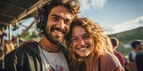 Harmony found in sunrise. A happy, smiling young couple in love stands side by side at a rock or electronic music festival in the early morning light, radiating joy and connection