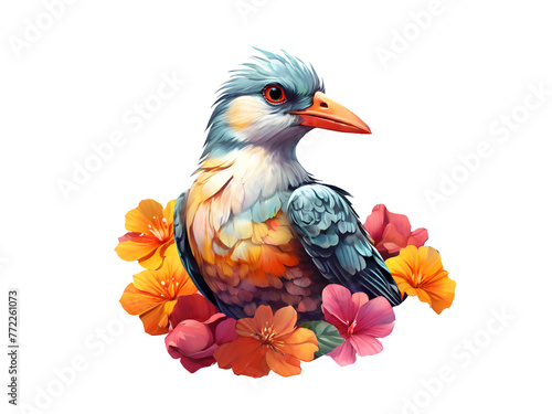 watercolor little tropical bird and exotic flowers. cute clipart illustration on transparent background. bright color art with blue bird in jungle