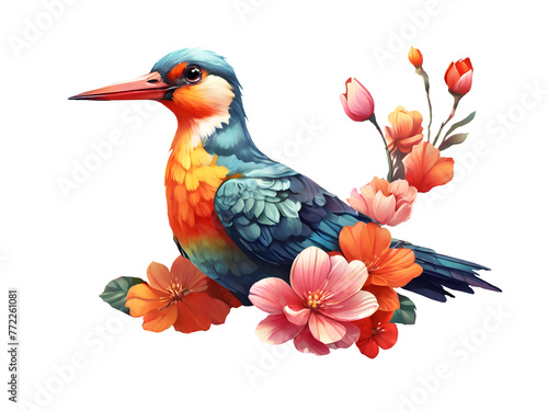 watercolor tropical bird sitting on the blooming branch. bright color illustration with blue bird and exotic flowers in jungle. Stunning clipart and cutout decor element © Kisandaya