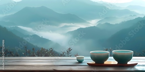 a serene and tranquil mountain landscape with layers of mist and fog gently enveloping