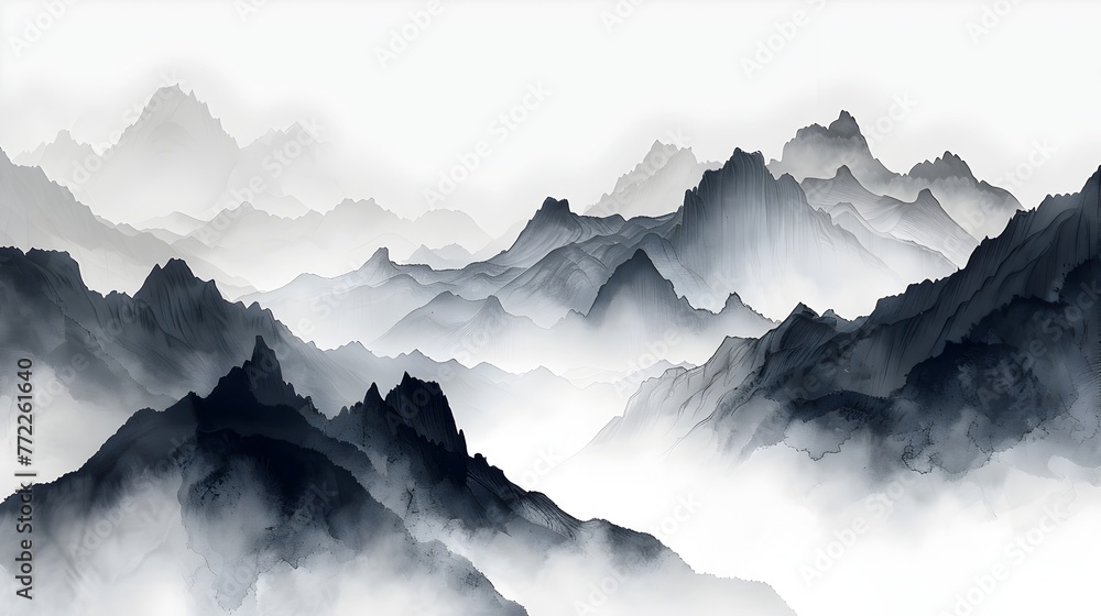 Majestic mountain range enveloped in dense fog the world beyond unseen in a dreamlike ethereal landscape description This image depicts a stunning