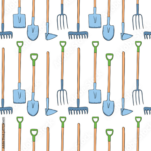 Seamless pattern with garden equipments: shovels, spades, rakes, hoes, pitchforks. Vector backgrounds and textures with tools for working on the farm, in dacha, country site in flat doodle style.