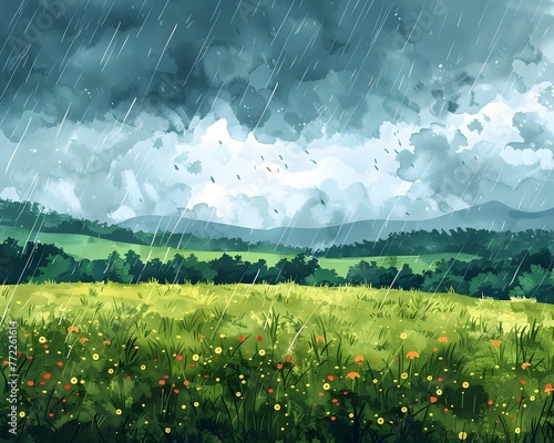 Lush Green Meadows Under Stormy Skies Nature s Drama Unfolding in a Captivating Pastoral Landscape