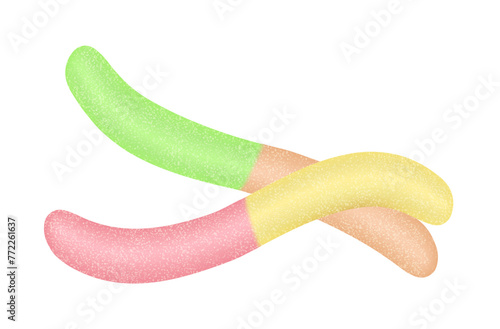 3D jelly candy, colorful long soft chewy worms to taste and enjoy vector illustration