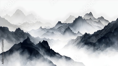 Majestic mountain range enveloped in dense fog the world beyond unseen in a dreamlike ethereal landscape description This image depicts a stunning photo