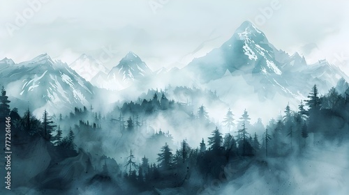 Misty Mountain Range Shrouded in Ethereal Fog Rugged Wilderness Landscape with Serene Tranquility