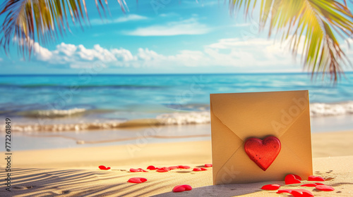 letter with a heart on a tropical beach background