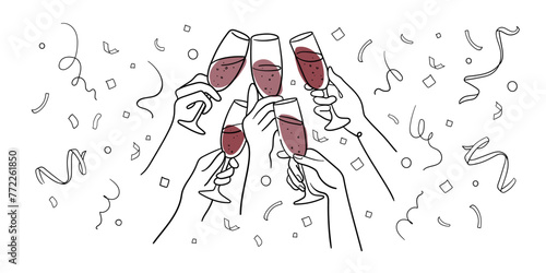 Continuous line champagne cheers one line art, continuous drawing contour. 5 hands toasting with red wine glasses with drinks. Cheers toast festive decoration for holidays. Vector illustration