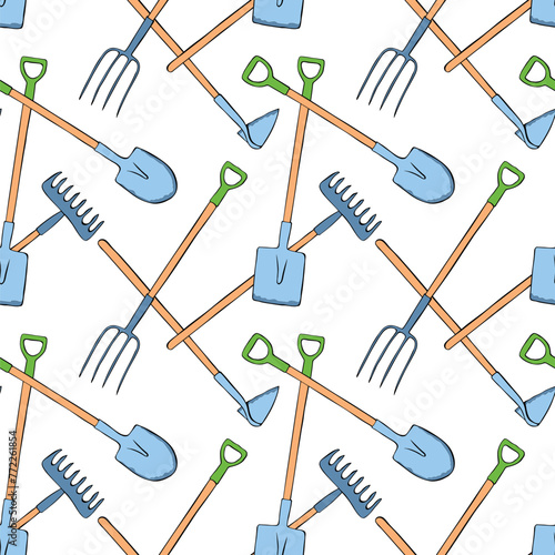 Seamless pattern with garden equipments: shovels, spades, rakes, hoes, pitchforks. Vector backgrounds and textures with tools for working on the farm, in dacha, country site in flat doodle style.