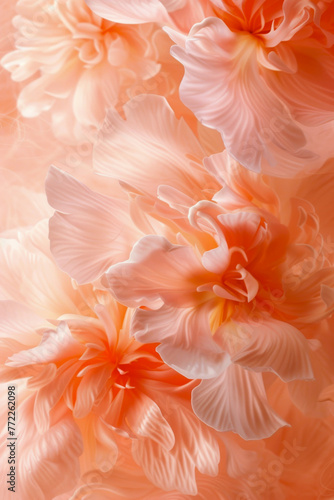 Delicate coral begonia flowers in bloom. Soft-focus floral illustration perfect for beauty, romance, feminine design themes. Dreamy floral composition for femininity, pring themes in design and art